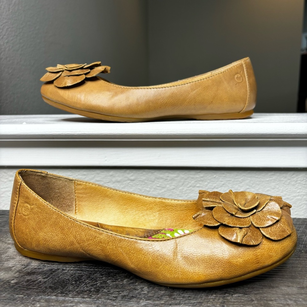 Born round toe flats, 3D flower embellishments, Good used condition